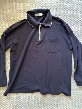 Balenciaga Men’s Dark Navy Long Sleeve Zip Polo with Contrast Trim- medium